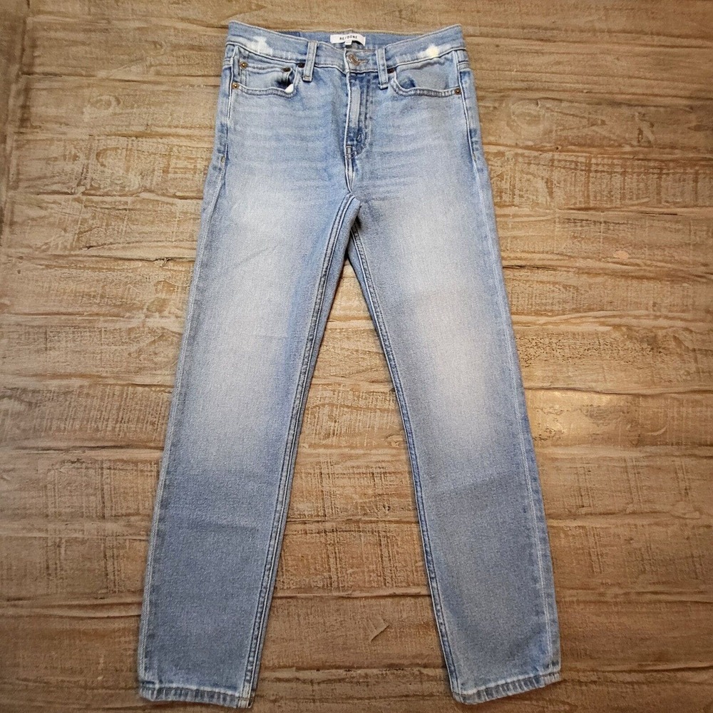 Redone Re/Done Straight Legged Denim Jeans Size 26 Stretch Distressed Light Wash